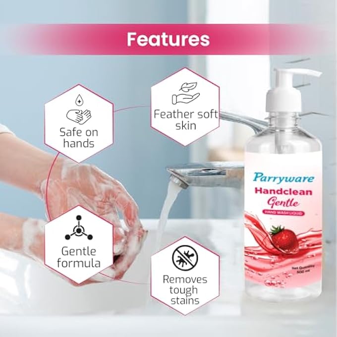 Parryware HANDCLEAN GENTLE HANDWASH LIQUID WITH STRAWBERRY EXTRACT 500 ML PACK WITH PUMP BOTTLE | SAFE ON SKIN | REMOVES TOUGH STAINS - Image 3
